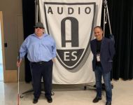 Joey with John Krivit at AES party at 2019 Summer NAMM in Nashville held at Columbia Studio A